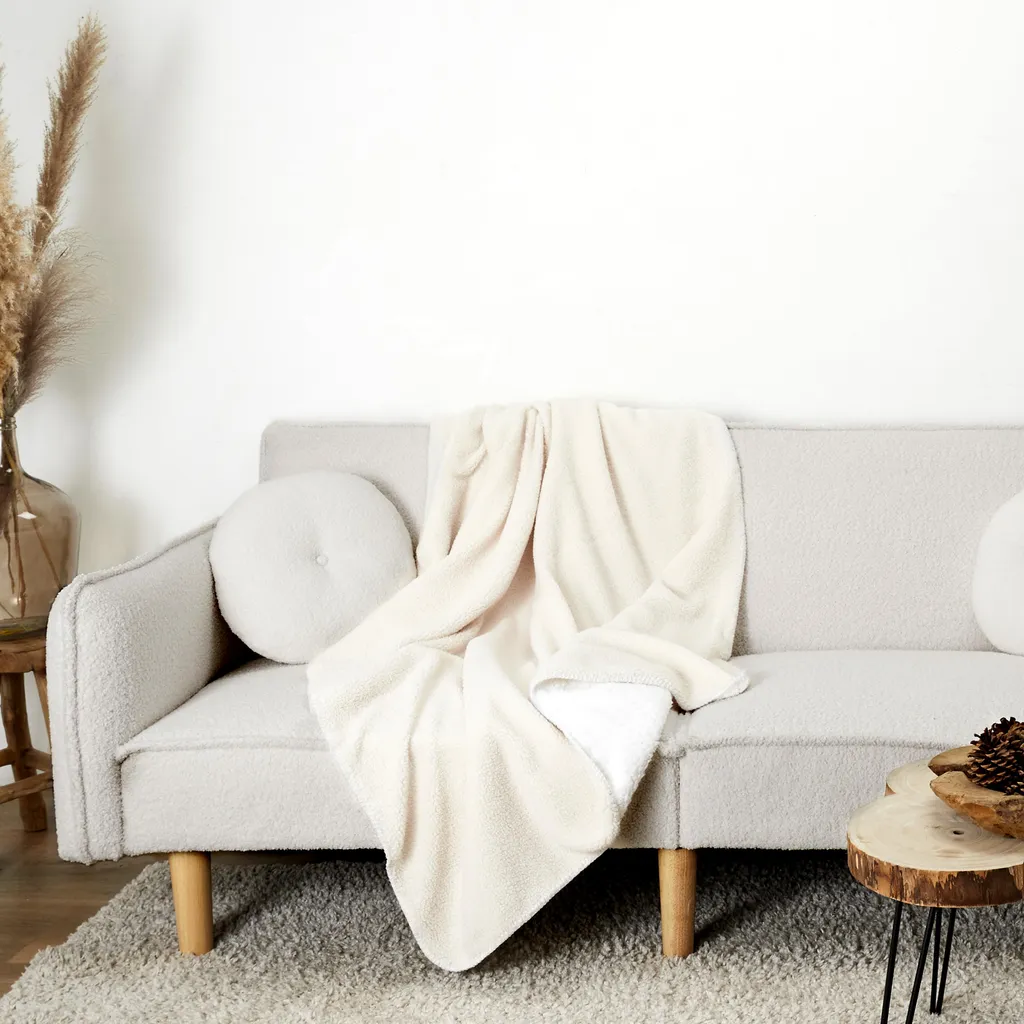 Plaid Moelleux Sherpa Boucle Écru 120x150cm - Texture Mouton Douce
