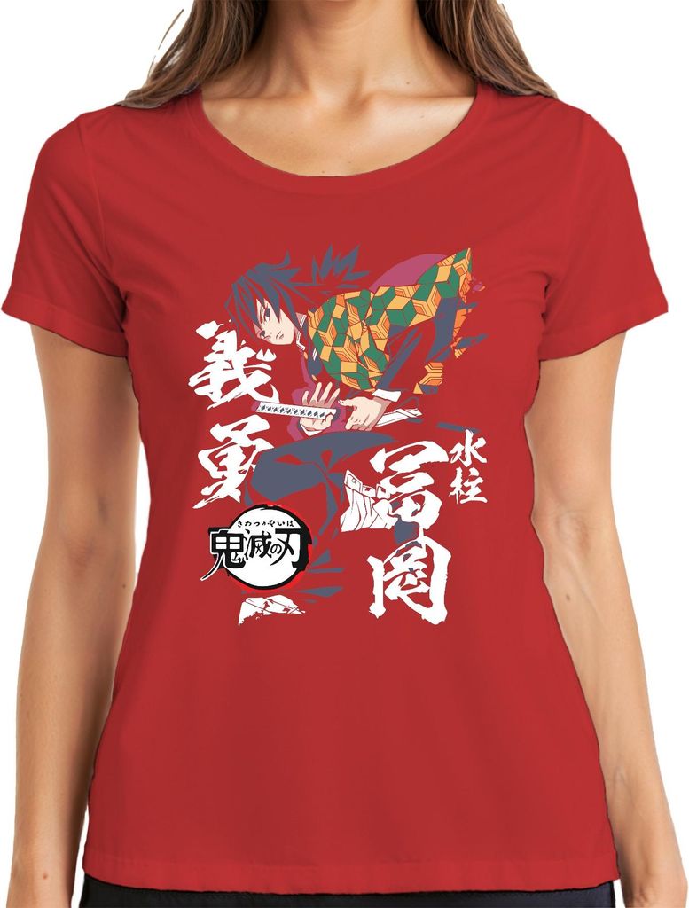 Giyu Tomioka Kimetsu no Yaiba Wasseratmung Schwert Dämonenjäger Damen T-Shirt, Rot, M