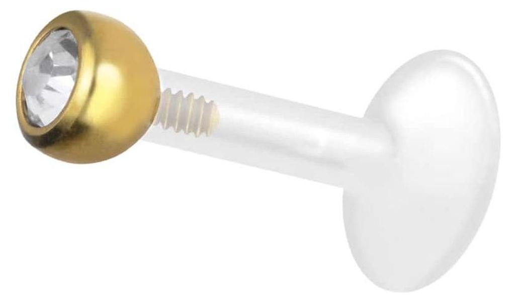 Ohrpiercing, Nasenpiercing PTFE Labret mit Innengewinde + Titan-Aufsatz KRISTALL Gold Stablänge: 5mm + Stabstärke: 1,2mm + Kugelgröße: 3mm