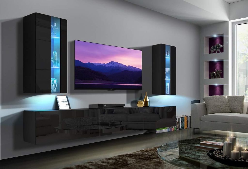 Furnitech Wohnwand Wohnzimmer - Wohnzimmer Möbel mit LED RGB - 16 Farben - Hängend Wohnwand Modern - Regale und TV Schrank (Luiziana AN20-18B-HG1...