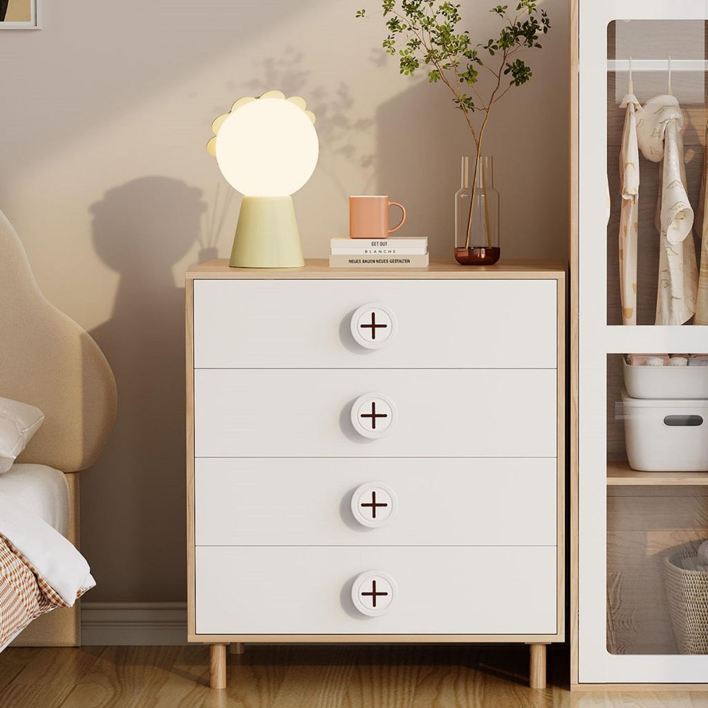 Kommode mit 4 Schubladen 80x90x54 cm Schubladenkommode Weiß & Holz-Optik Sideboard für Schlafzimmer & Kinderzimmer