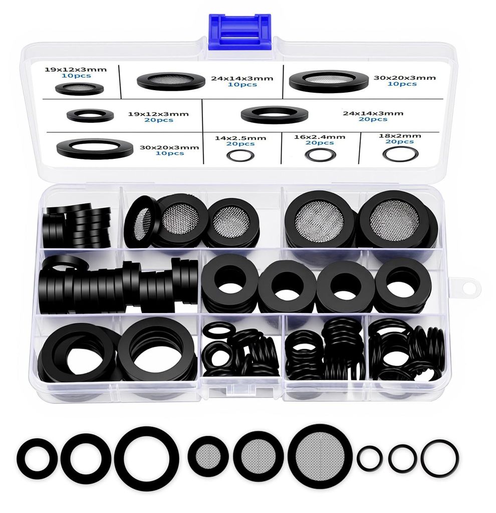 Set mit 140 O-Ringen, flachen Dichtungen, schwarz, 3/4", 1" und 1,2" Gummiringe mit Edelstahlsieb für Wasserhähne, Duschschläuche und Schlauchku...
