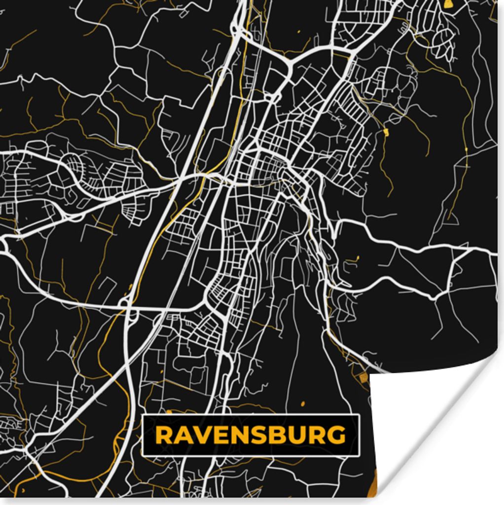 MuchoWow Poster Schwarz und Gold - Stadtplan - Ravensburg - Deutschland - Karte 75x75 cm - Wand Dekoration