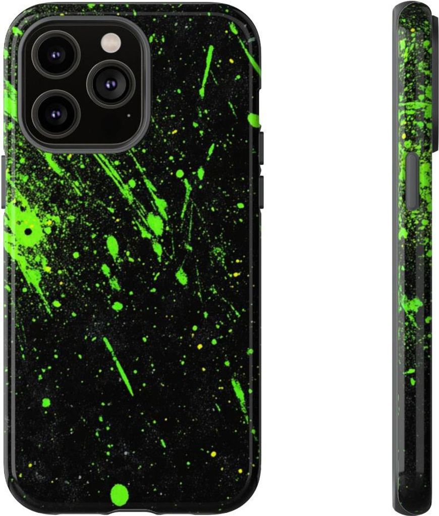 Neongrüne Farbspritzer auf schwarzem Hintergrund – Hülle Kompatibel mit iPhone 14 Pro Max