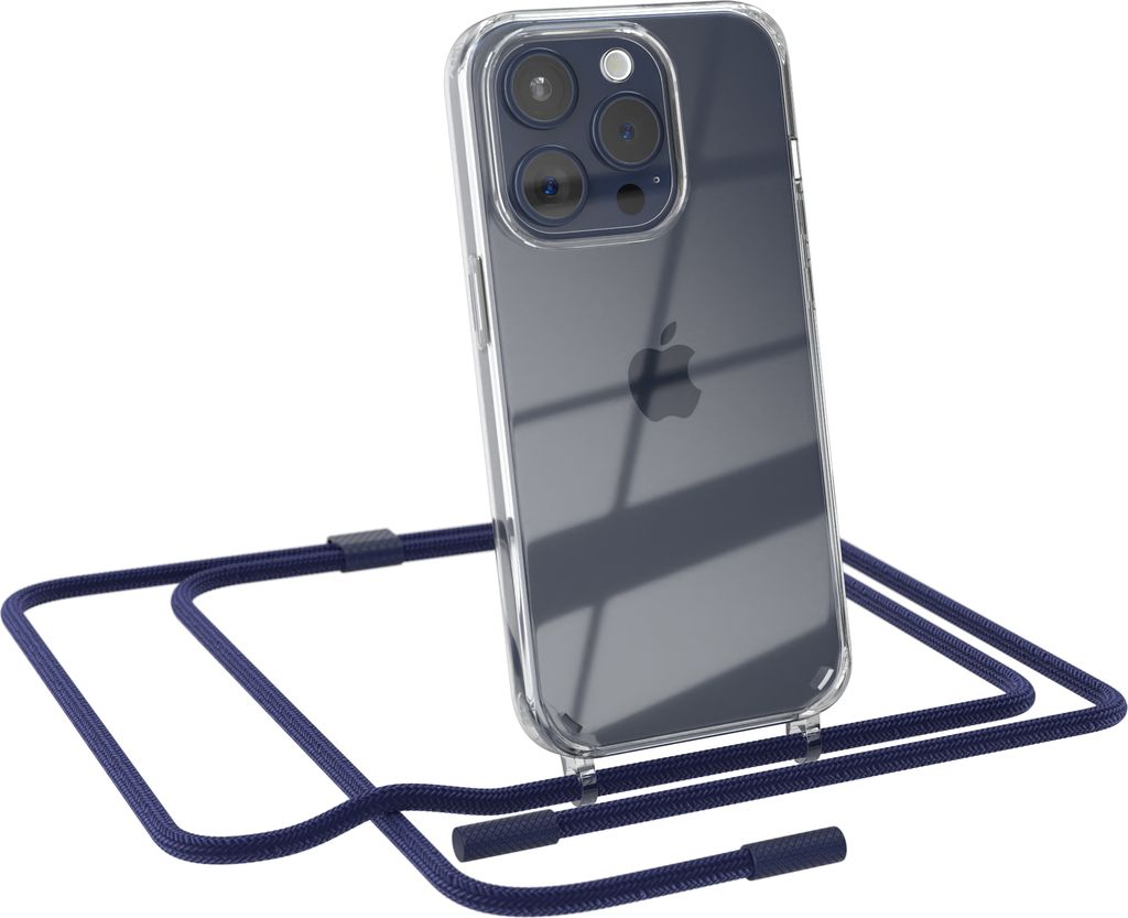 EAZY CASE Handykette für Apple iPhone 15 Pro, Clear Case aus Silikon, mit Umhängeband, abnehmbare Endstücke, Handyband in Blau