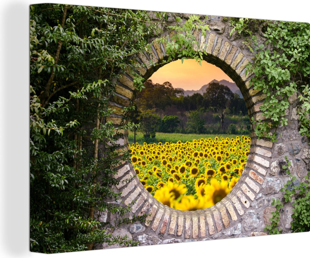 OneMillionCanvasses - Leinwandbilder - 140x90 cm, Durchschauen - Blumen - Sonnenblume, - Geöffnetes Fenster - Fensterblick Schlafzimmer Kunstdru...
