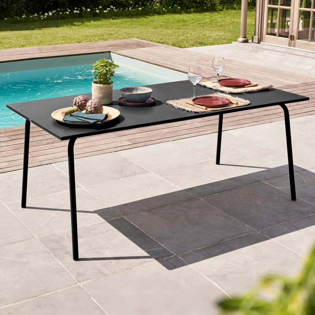 Table jardin acier 180 cm noir mat haute résistance 8 convives Palavas