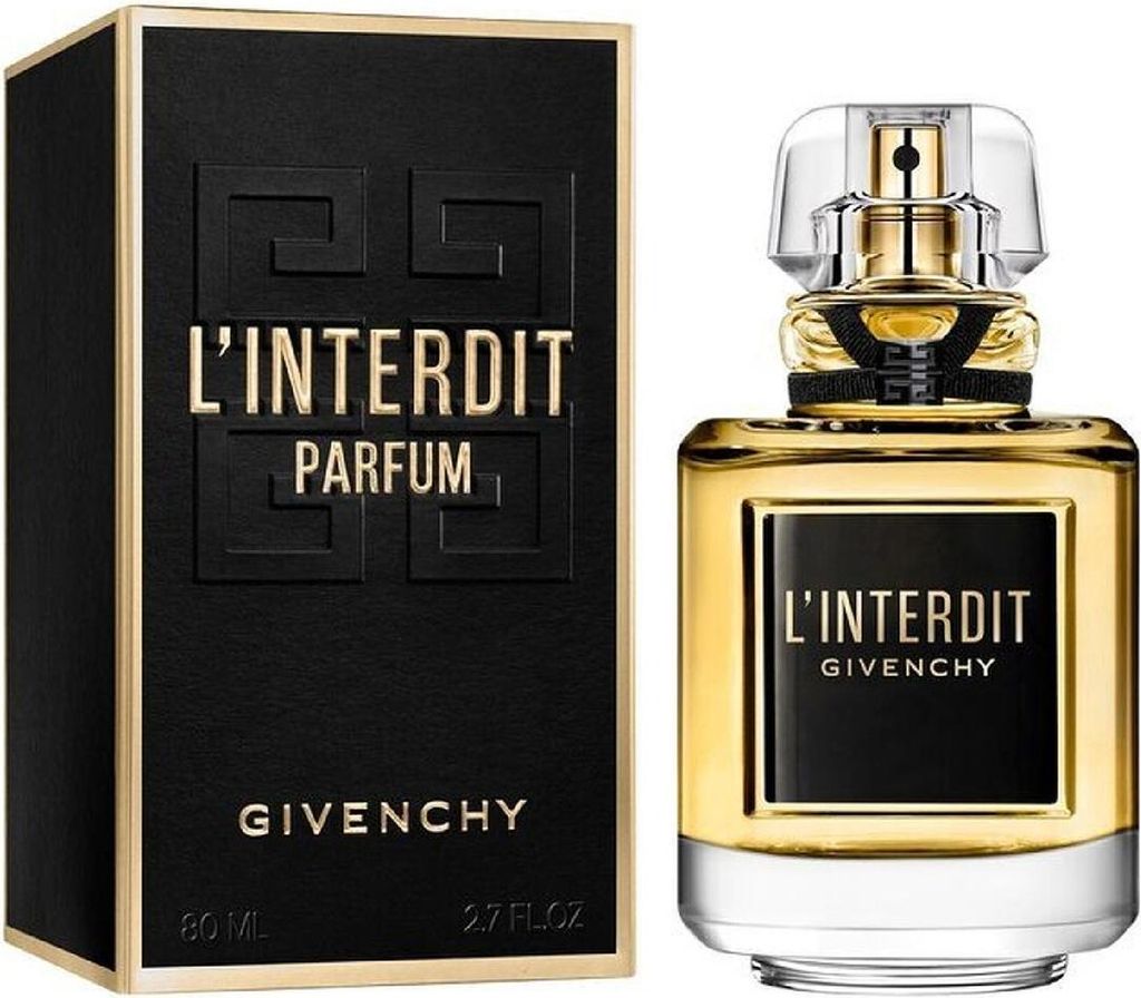 A bottle of Givenchy L'Interdit Parfum and its packaging are displayed against a white background.