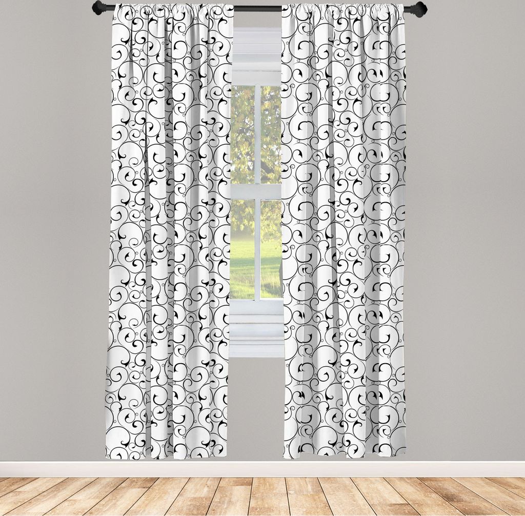 ABAKUHAUS Schwarz und weiß Vorhänge, Gardinen, Vintage Strudel-Muster mit Monochrom Ornamental Altmodisches Entwurf, 2 Stück 75 x 225 cm, , Schw...