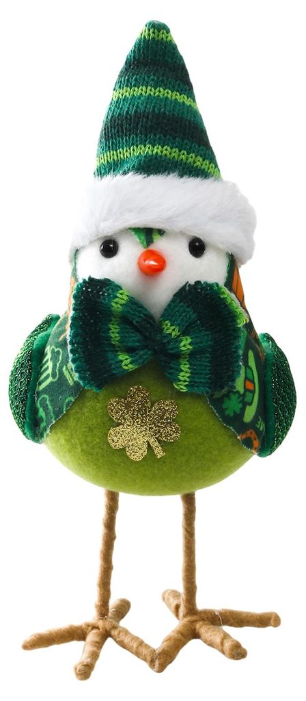 Plüschvogel-Ornament zum St. Patrick's Day: Strickhut mit Kleeblatt und Schleife, grüne Vogelfigur, Tischdekoration für Feste und Regale