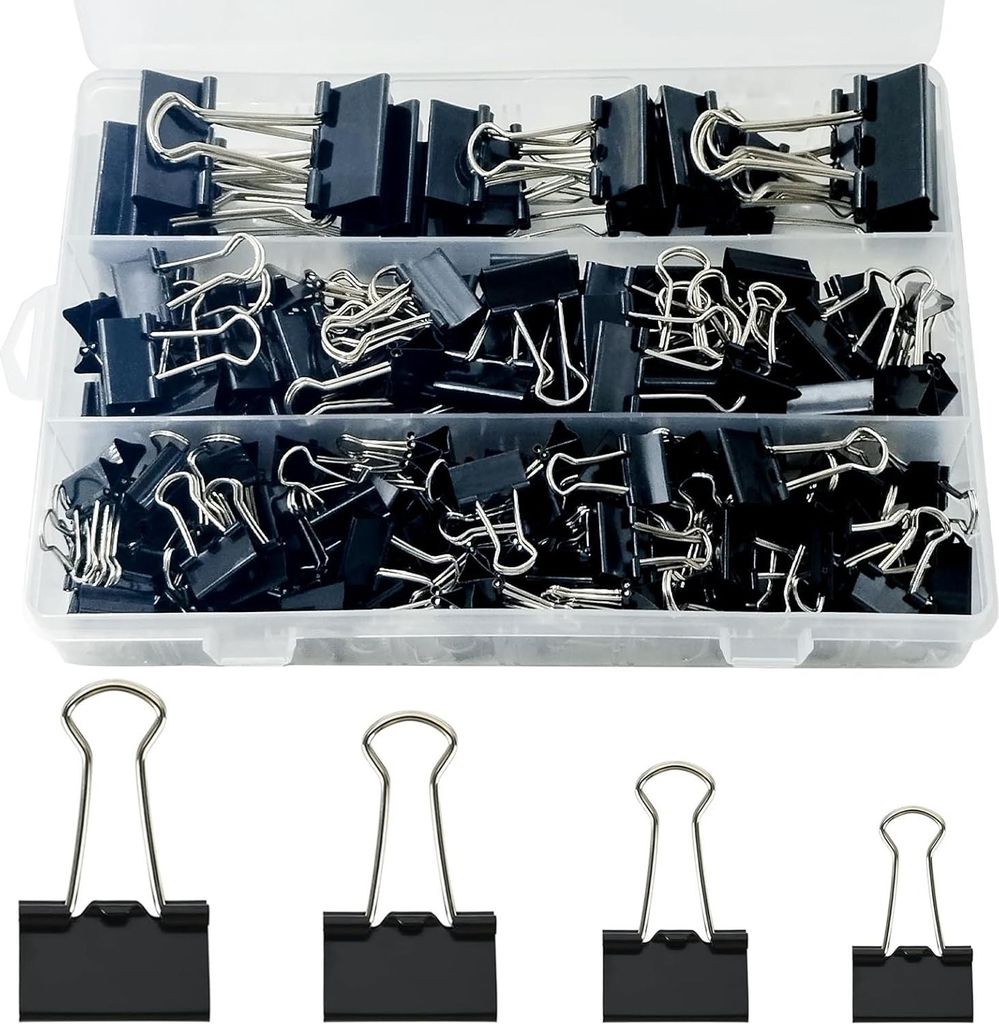170 Stück Foldback Klammern Set, 15mm/19mm/25mm/32mm Schwarz Binder Clips Büroklammern, Vielzweckklammern Dokumenten Clips, MetallKlammern Papier...