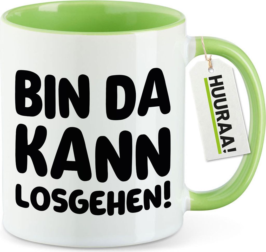 Huuraa Kaffeetasse Bin da kann losgehen 330ml Grün Keramik Kaffeebecher Geschenkidee
