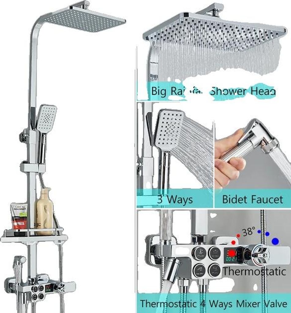 Duscharmatur, Mattschwarz, 4 Funktionen Anzeigebildschirm, TH Chrom