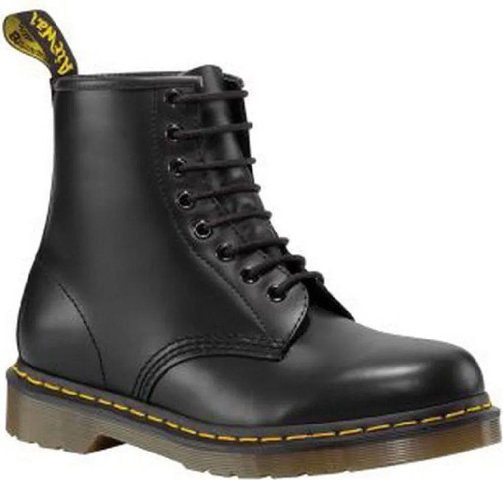 A single black Dr. Martens boot is shown against a white background.