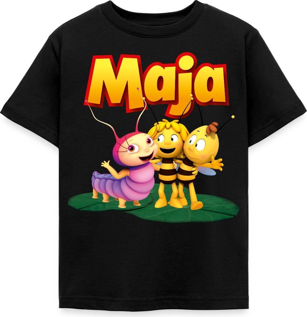 Spreadshirt Biene Maja mit Willi und Raupe Ulla Kinder T-Shirt, 110/116 (5-6 Jahre), Schwarz