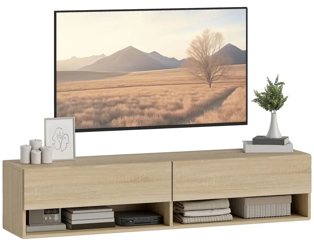 Support TV Mural ou Sol 140 cm Bois Naturel, Idéal Petit Salon et Studio