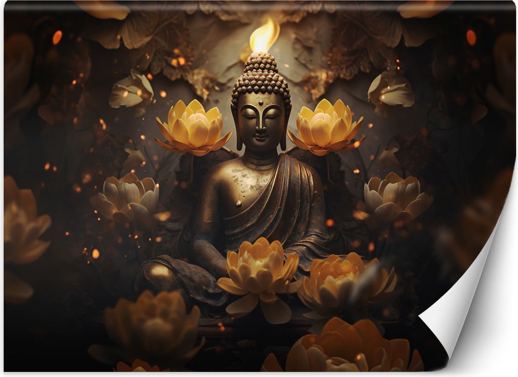 Vlies fototapete Goldener Buddha und Lotusblumen 400x280 cm Feeby Orange inkl. Kleber einfache Montage