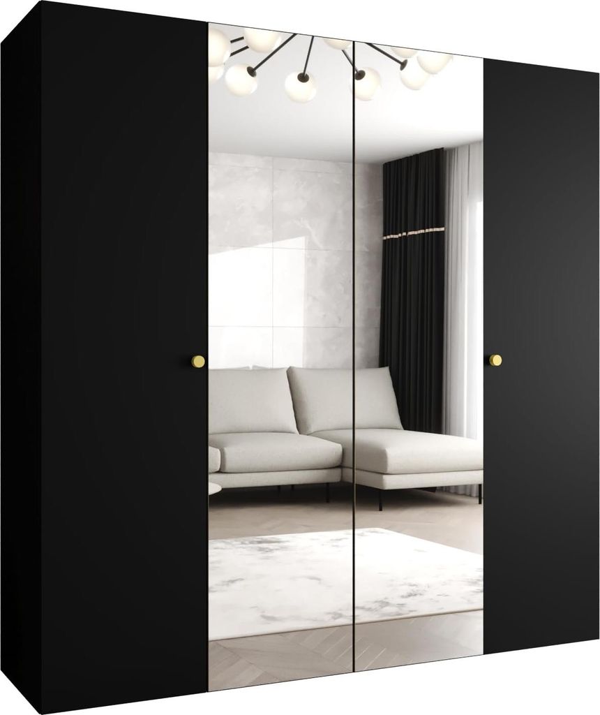 MEBLE KRYSPOL Schrank 200x202x52 cm mit Kleiderstange & Spiegel, 4xTür, PARMA, Schwarz, Griff Gold