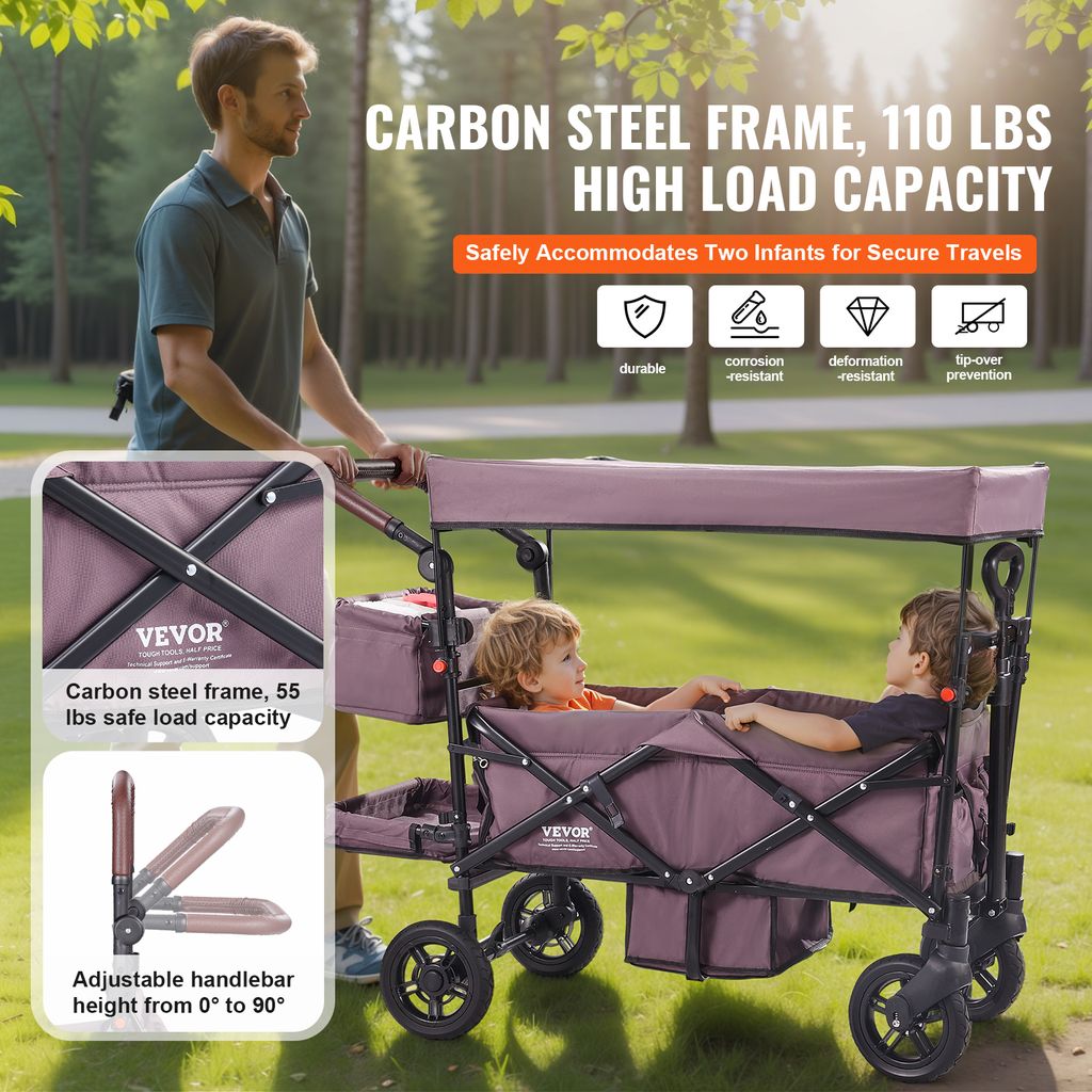 VEVOR 4-Sitzer Buggy Klappbar – Push-Pull-Kinderwagen, 150 Kg, 5-Punkt-Gurt, Schwarz