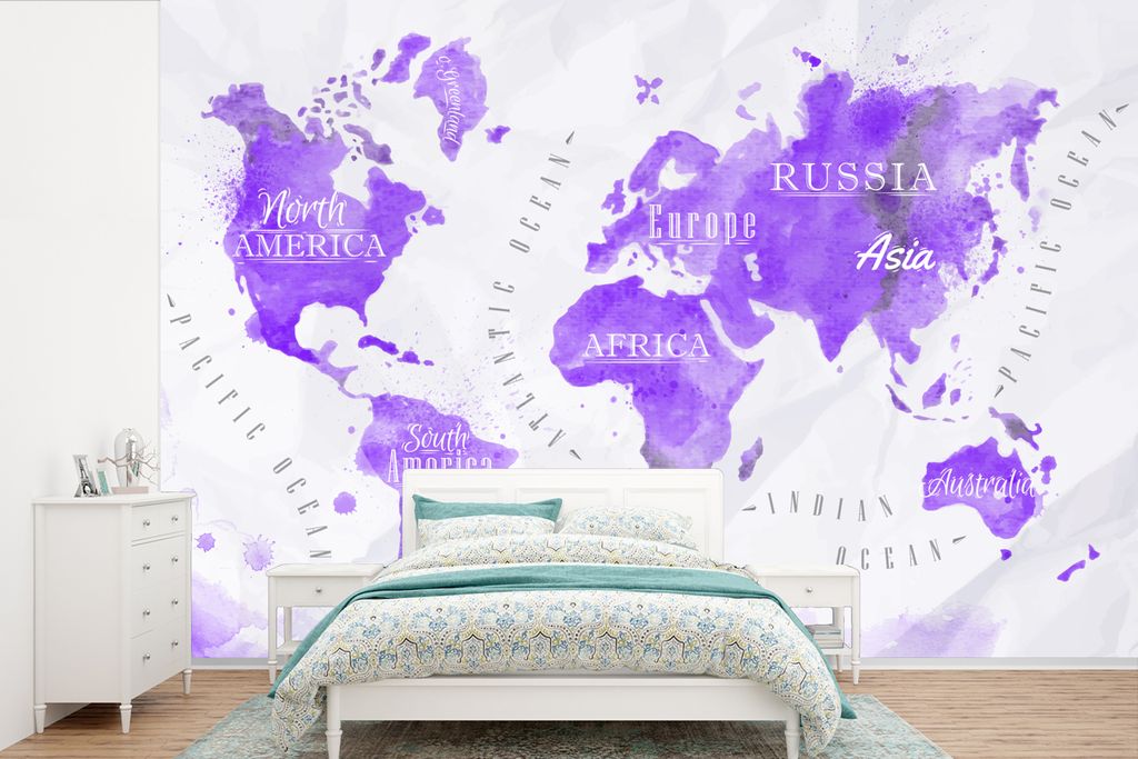 MuchoWow Fototapete für Wohnzimmer oder Schlafzimmer Wandtapete Vinyl Motivtapete Weltkarte - Ölfarbe - Violett - 330x220 cm - Fototapeten