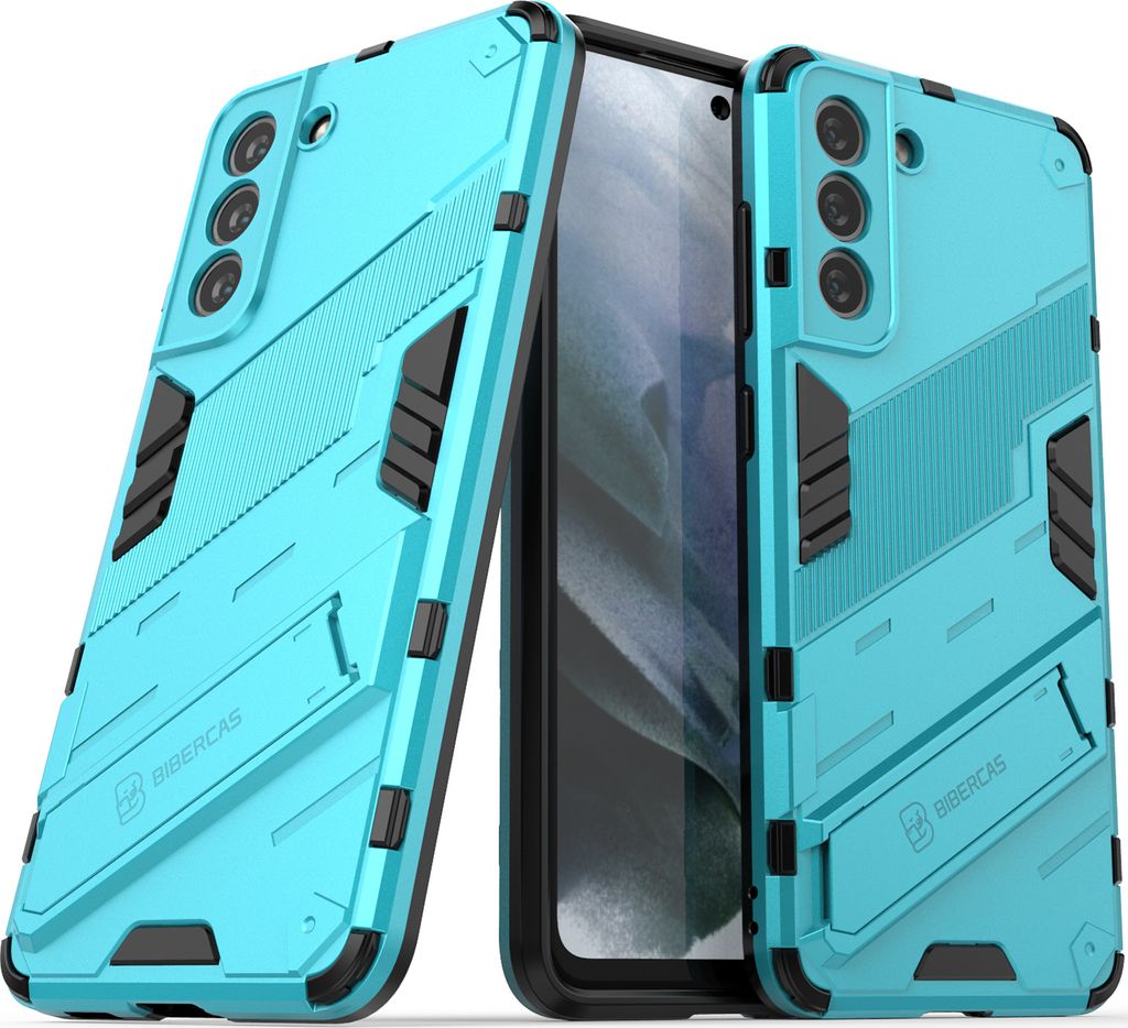 Armor Hülle für Samsung Galaxy S21 FE, Hybrid PC TPU Bumper Stoßfestes Schutzhülle mit Standfunktion Blau