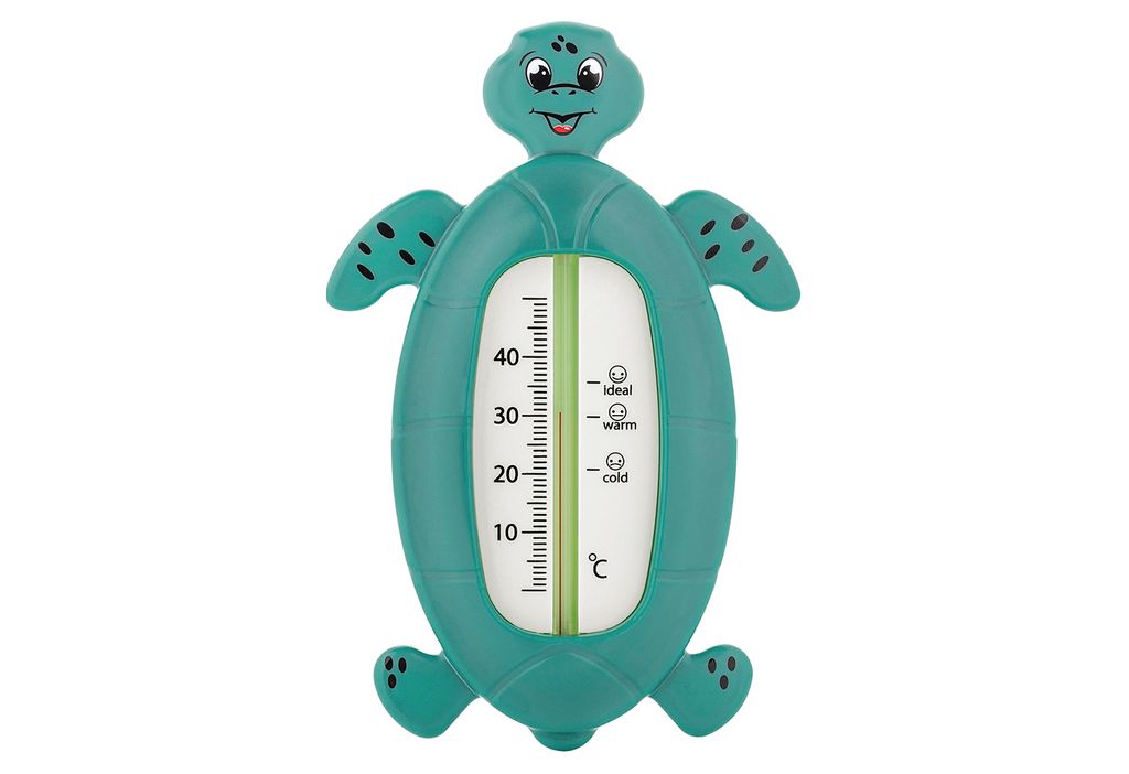 A teal turtle-shaped thermometer against a white background.
