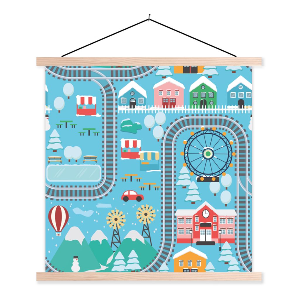 MuchoWow Textilposter Winter - Zug - Schnee - Blau 60x60 cm mit holzfarbenen Rahmen - Wanddekoration