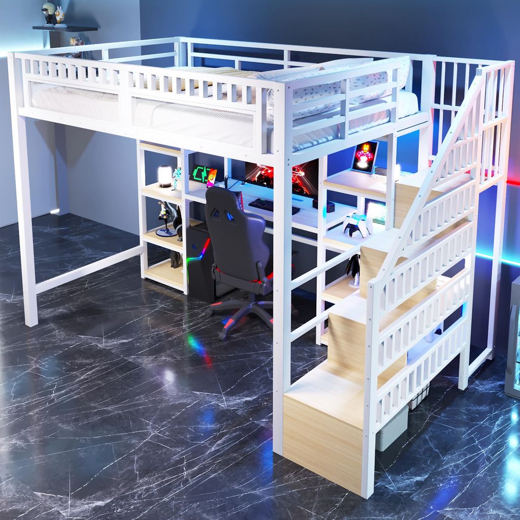okwish Hochbett 140x200 Metallbett mit Eisenrahmen und LED-Lichtleiste,Bettgestell Jugendbett mit USB-Anschlüssen,Kinderbett mit Ablagefach und Sc...