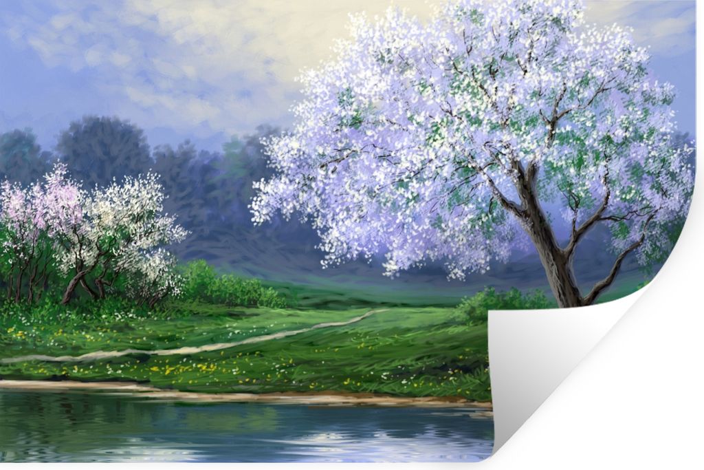 MuchoWow Wandtattoo Wandsticker Wandaufkleber Malerei - Baum - Blüte - Natur - Wasser 120x80 cm Selbstklebend und Repositionierbar - Selbstklebe...