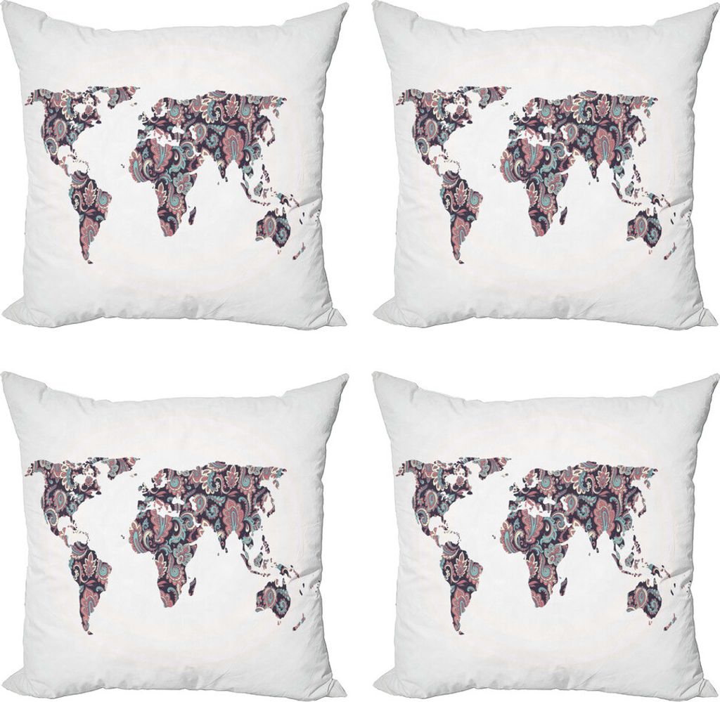 ABAKUHAUS Floral Weltkarte Kissenbezug Set (4 Stück), Paisley-Blätter, Moderner Doppelseitiger Digitaldruck, 40 cm x 40 cm, Plum Coral Turquoise