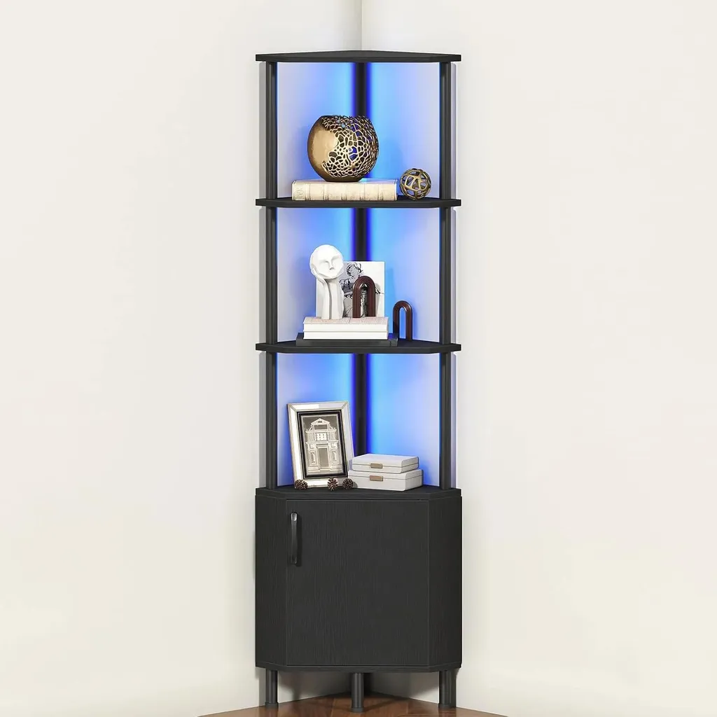 Armoire d'angle avec 5 étagères LED et structure en métal noir L90cm
