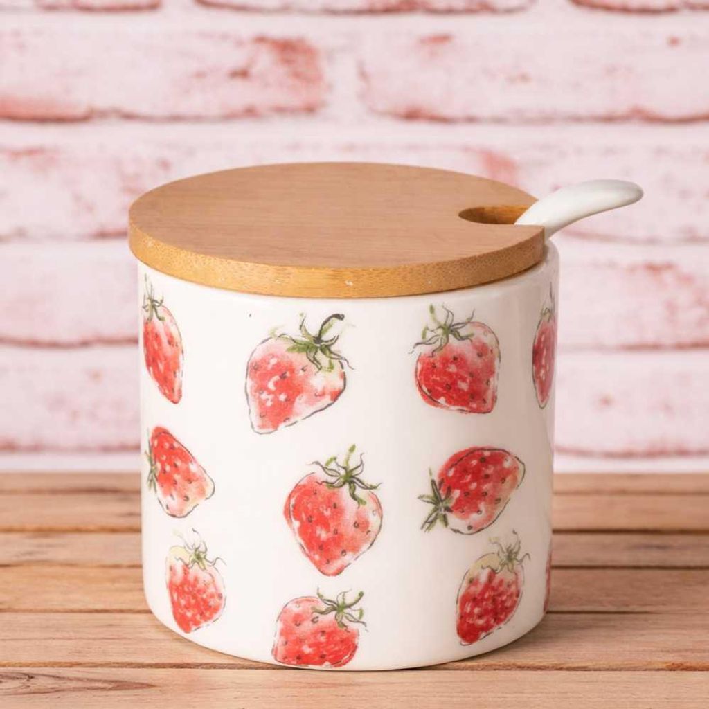 AltoBelli Dose BERRY Weiß Marmeladendose ERDBEERE mit Holzdeckel & Löffel 170 ml