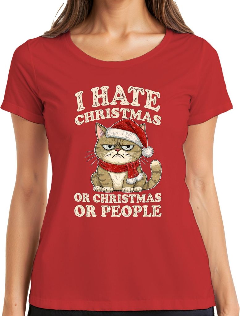 I HATE CHRISTMAS OR CHRISTMAS OR PEOPLE lustige katze sarkastisch Damen T-Shirt, Rot, S