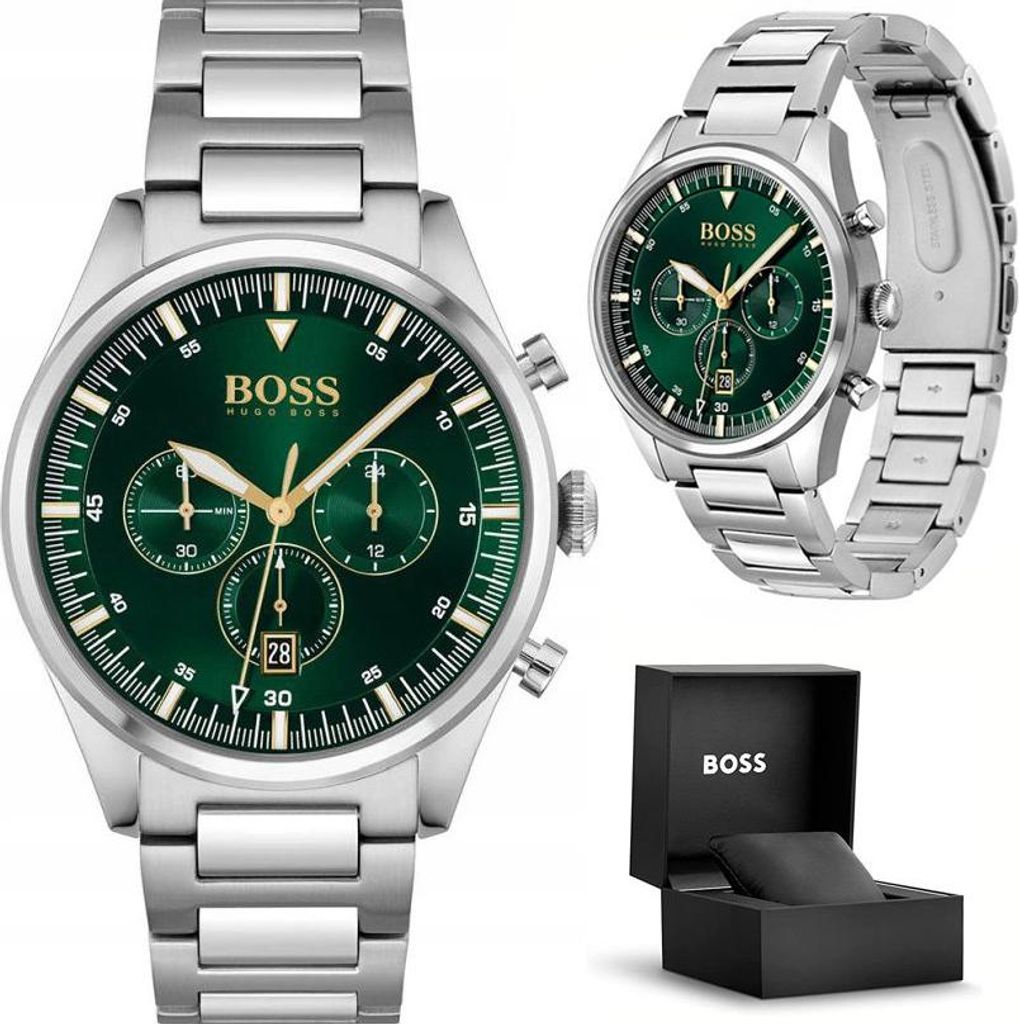 BOSS Orologio Uomo Cronografo PIONEER 1513868 – Quarzo, Cassa 44 Mm, Bracciale Acciaio, Quadrante Verde, Impermeabile 5 ATM