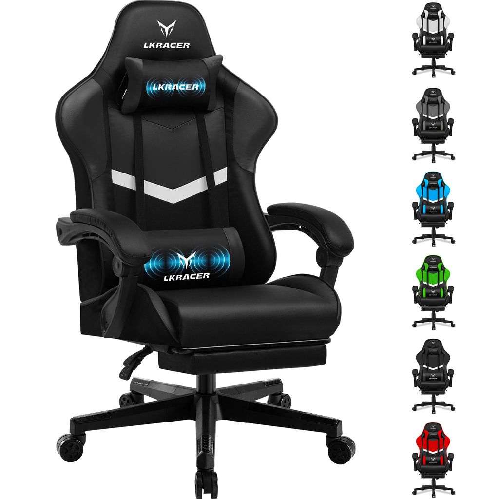 A black gaming chair is shown in the center of the image, with several other chairs of different colors displayed vertically to the right. The main chair has blue accents on the headrest and lumbar pillow.