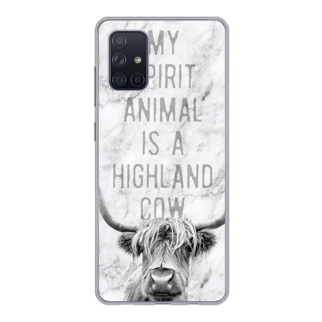MuchoWow Handyhülle Schutzhülle Hülle für Samsung Galaxy A51 5G Schottischer Highlander - Marmor - Zitat Silikon Softcase Handy Hülle - Abbi...