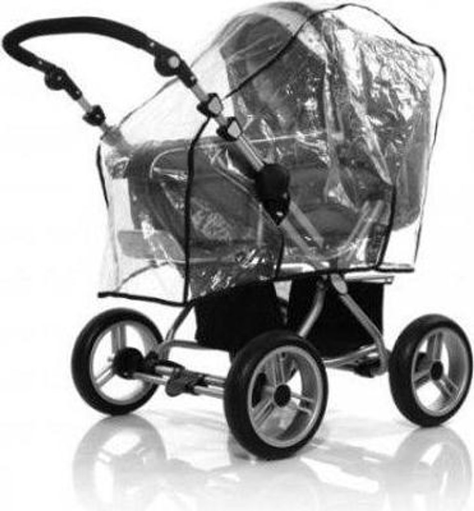 A baby stroller with a rain cover.