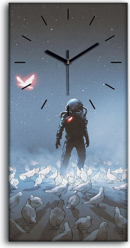 Wanduhr Leinwand Bild Uhr Quarz 30x60 Astronaut steht zwischen Vogelschwarm - schwarze Hände