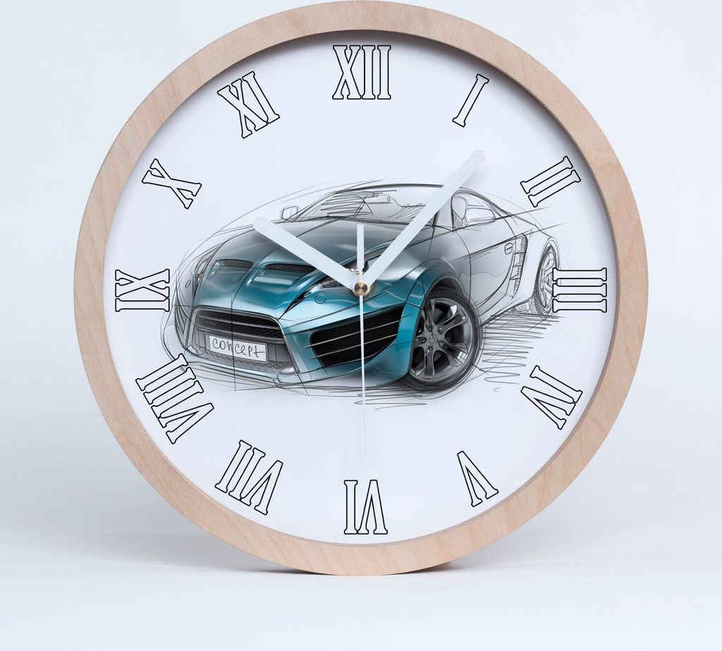 Holzuhr 30fi cm wanduhr - weiße Spitzen - Skizze Auto