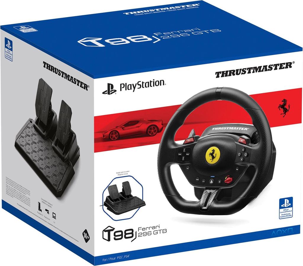 The image shows the retail packaging of a Thrustmaster T98P Ferrari 296 GTB gaming steering wheel and pedal set.
