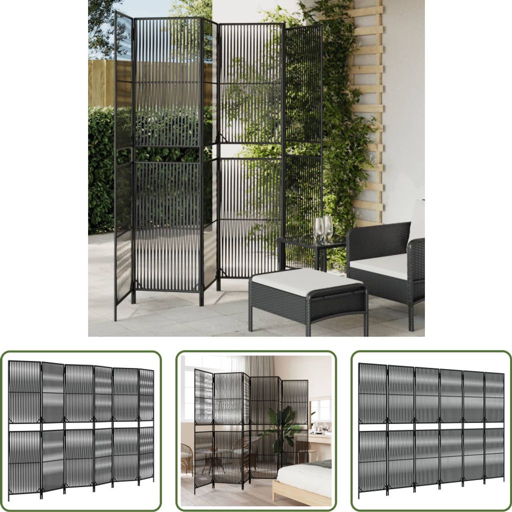 The Living Store Paravent 6-tlg. Schwarz Poly Rattan