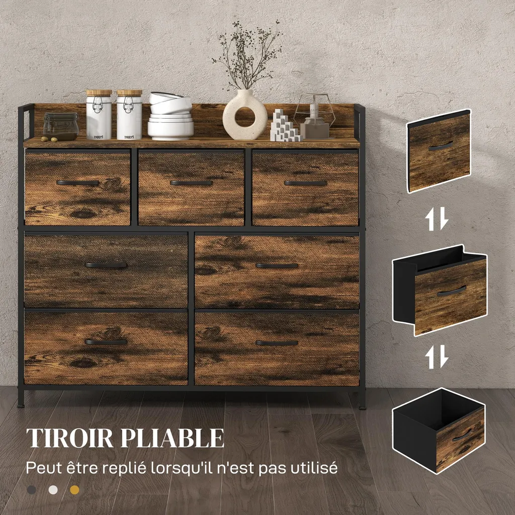 Commode en tissu pliant avec structure acier noir et bois rustique
