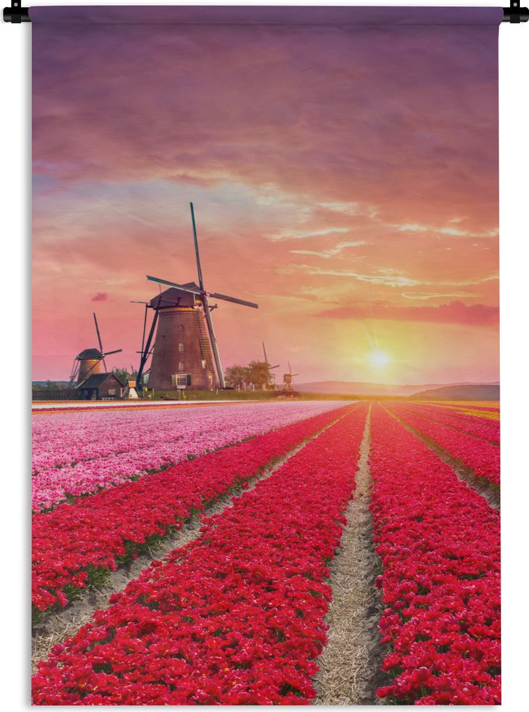 MuchoWow Wandteppich Wandbehang Blumen - Windmühle - Tulpen - Sonnenuntergang - Rosa 120x180 cm Tapisserie Dekoration Wandtuch - Schlafzimmer - ...