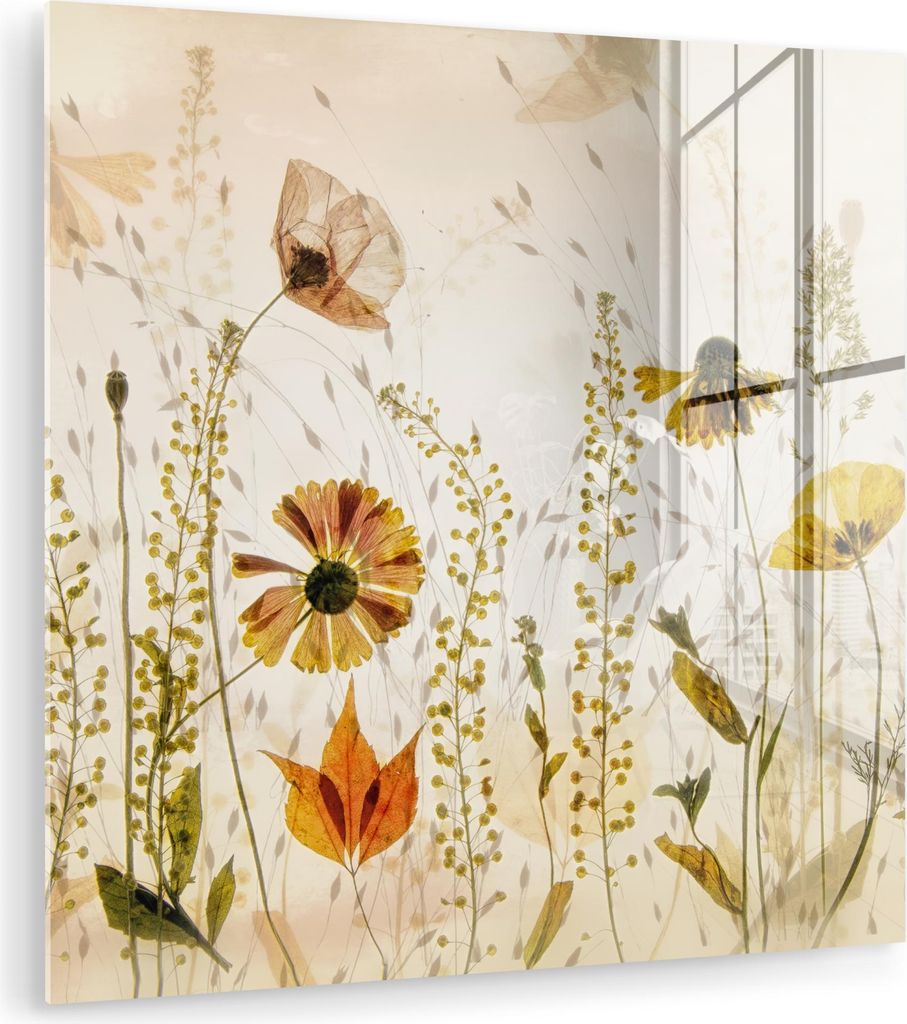 MuchoWow Glasbilder - Bilder auf Wandbild - Foto auf Glas Illustration - Pflanzen - Insekten - Beige 50x50 cm Wanddekoration aus Glas - Acrylglasbi...
