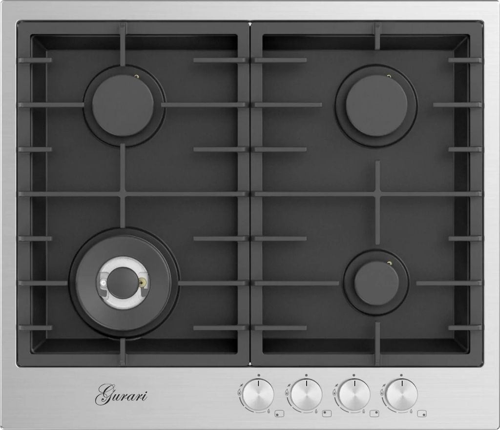 Gurari TX604VTGL Gaskochfeld 60 cm, Edelstahl - Schwarz 4,0 KW WOK, 4 Gasbrenner, Autark
