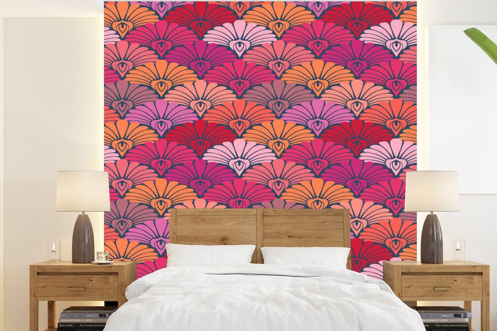 MuchoWow Fototapete für Wohnzimmer oder Schlafzimmer Wandtapete Vinyl Motivtapete Muster - Art Deco - Rosa - Blumen - 200x220 cm - Vinyltapeten