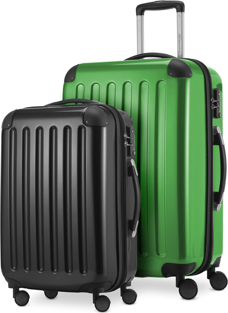 Alex - 2er Set Handgepäck + Mittelgroßer Koffer, Kofferset Resekofffer Trolleys Hartschale Polycarbonat glänzend,Grün-Schwarz