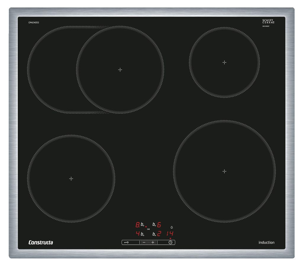 A top-down view of a black induction cooktop with four heating zones and a digital display.