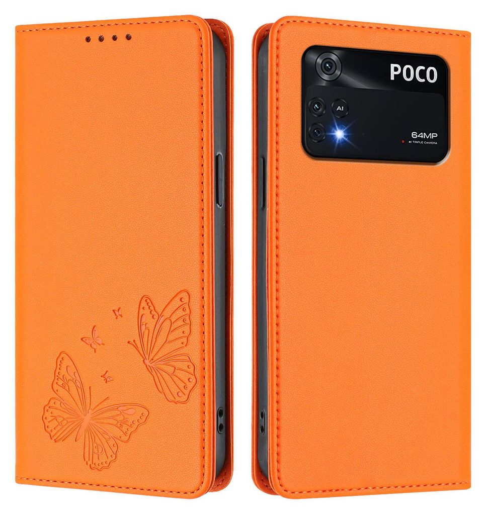 Lederhülle für Xiaomi Poco M4 Pro 4G, Schmetterling Prägung Leder Brieftasche Schutzhülle mit Ständer Orange