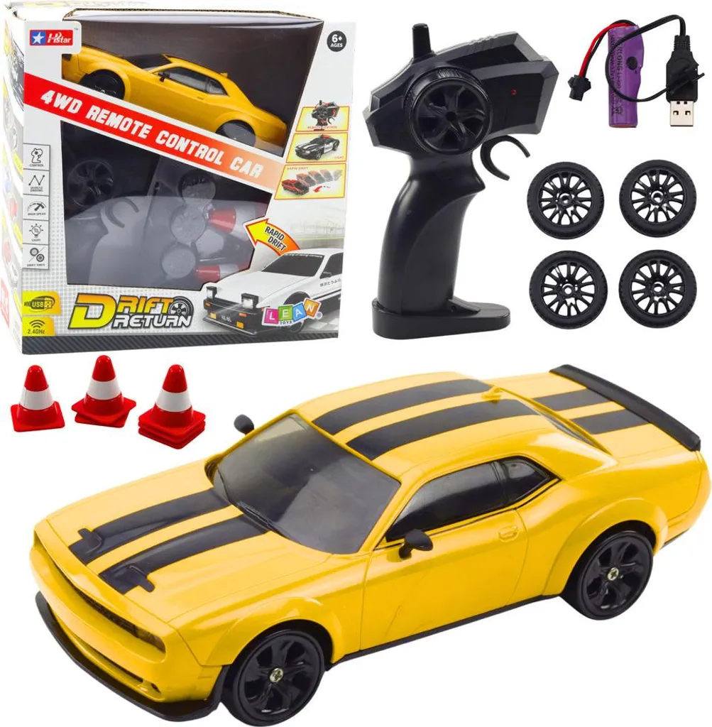 Véhicule radiocommandé drift 4 roues motrices jaune et pneus de rechange